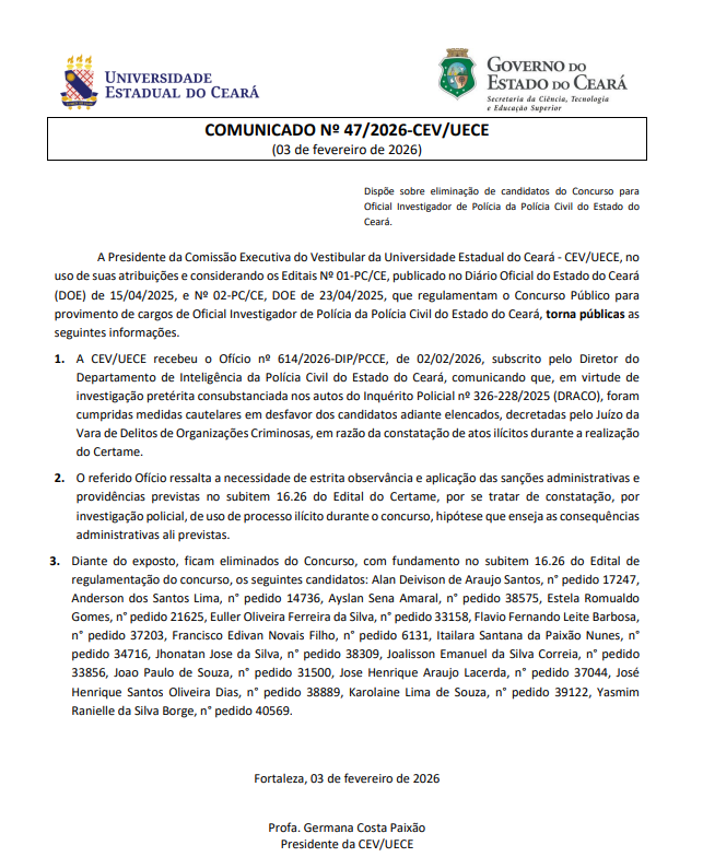 Comunicado oficial da eliminação dos candidatos do concurso PC CE