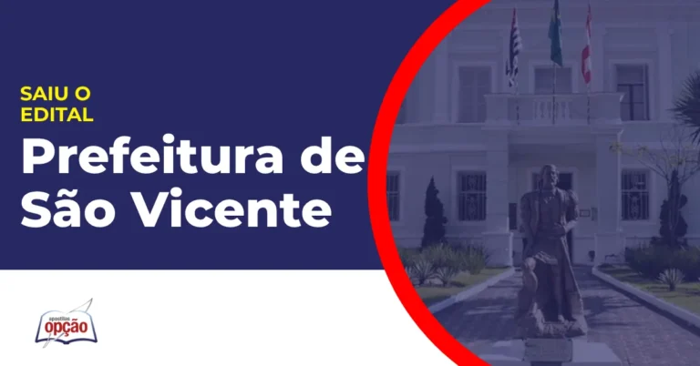 Imagem com fundo azul divulgando o Concurso Prefeitura de São Vicente