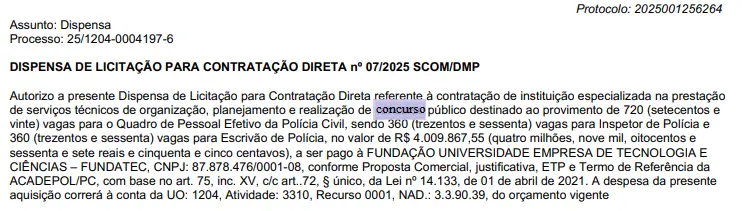 Dispensa para contratação da banca do concurso Polícia Civil RS