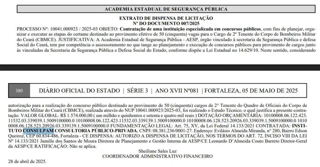 dispensa de licitação do concurso Bombeiros CE