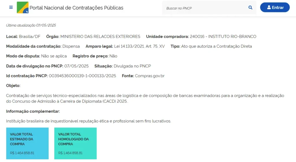 Ato que autoriza a Contratação Direta da banca do concurso Diplomata.