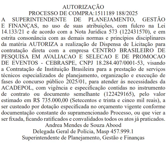 Cebraspe será a banca do concurso PC MG