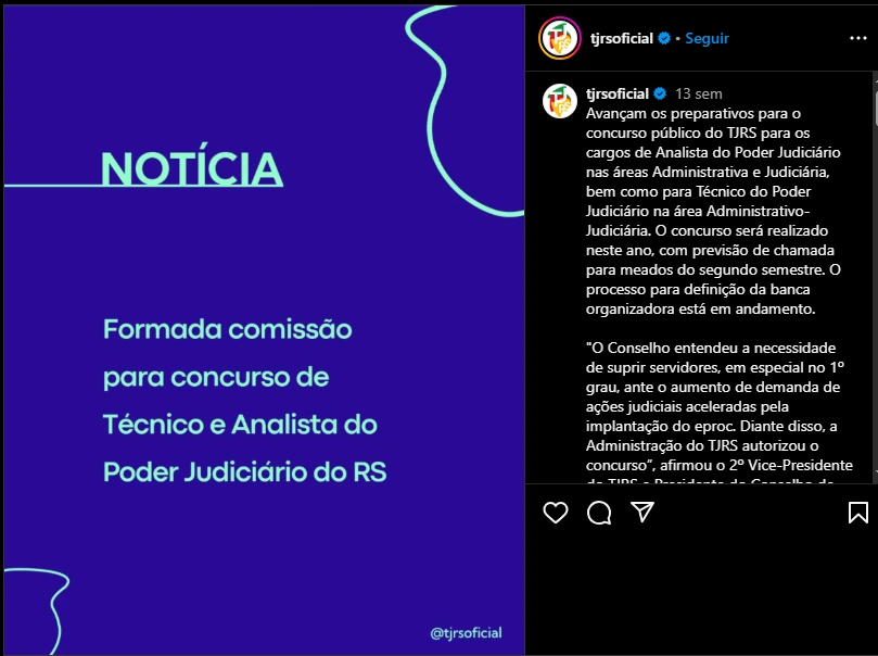 Publicação sobre a comissão do concurso TJ RS