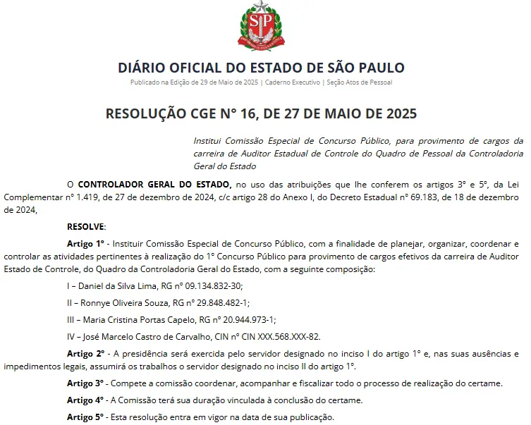 comissão do concurso CGE SP