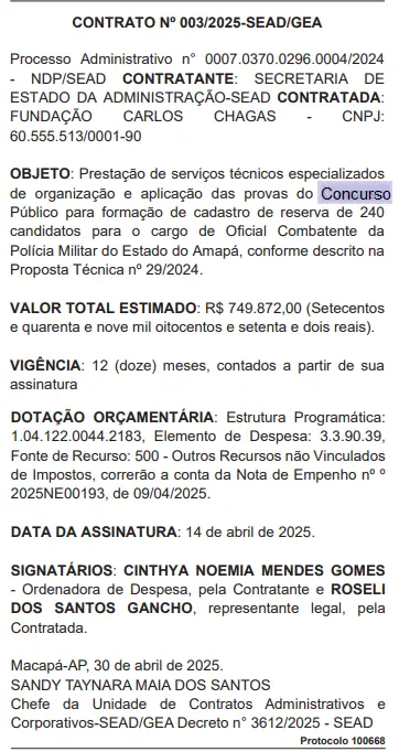 Contrato da banca do concurso PM AP.