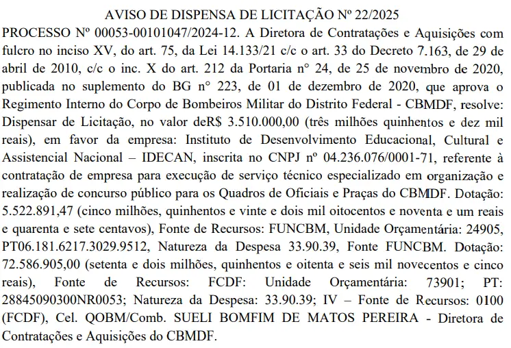 dispensa de licitação do concurso Bombeiros DF