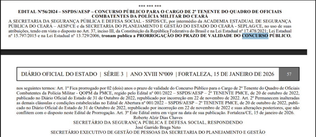 Publicação oficial no DOE SP prorrogando o concurso PM CE Oficial