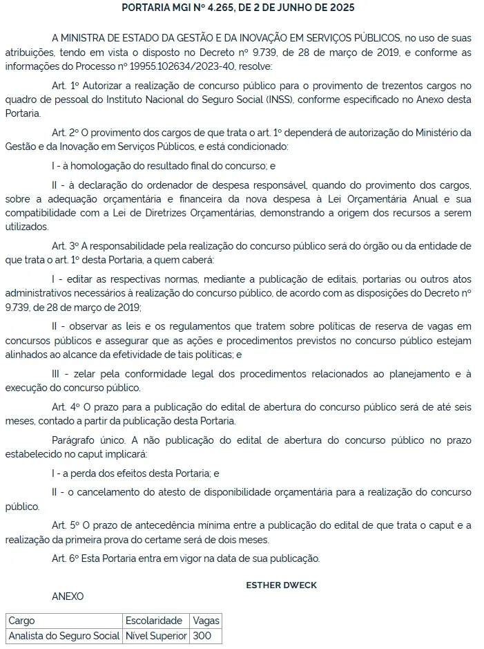 Portaria que autoriza 300 vagas para o novo concurso INSS 2025