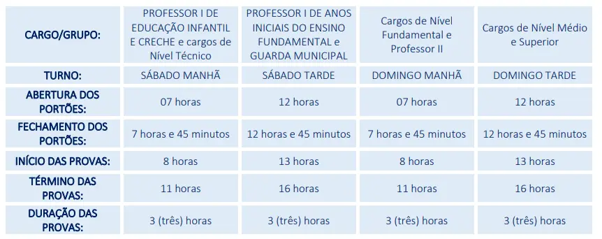 Tabela com os horários das provas do concurso Prefeitura de Japaratinga