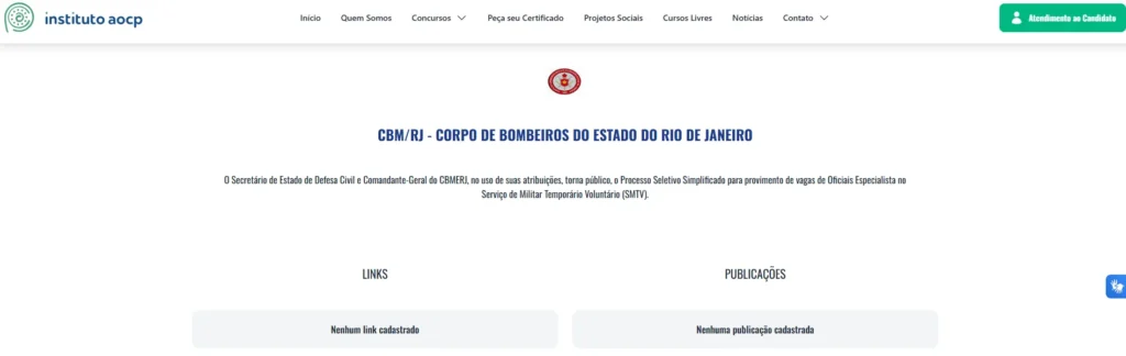 Instituto AOCP página do concurso CBMERJ