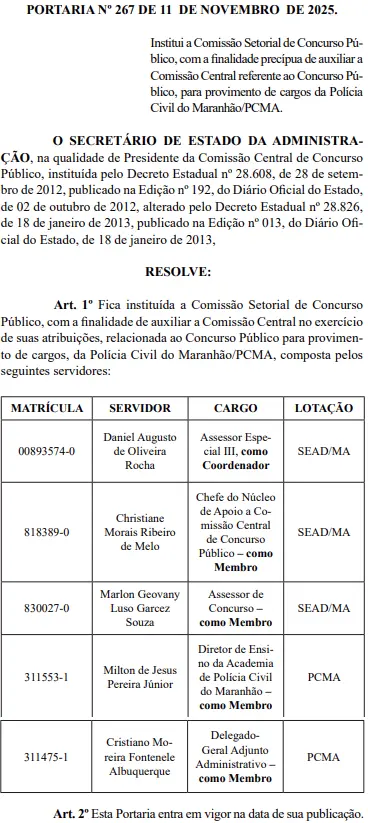 Publicação Comissão formada Diário Oficial do Estado do Maranhão. Concurso Polícia Civil MA