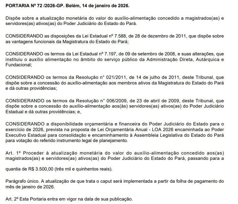 Publicação no DOE PA atualizando o auxílio-alimentação dos aprovados do concurso TJ PA
