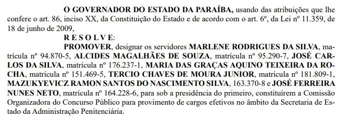 Publicação do DOE PB oficializando a comissão do concurso Polícia Penal PB