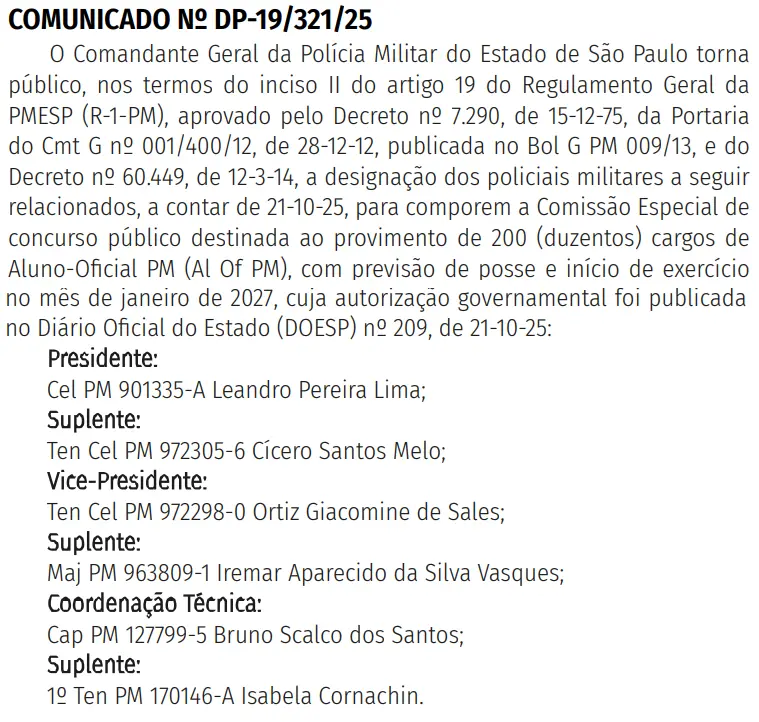 Está formada a comissão do concurso PM SP Oficial!