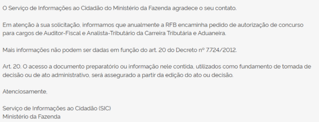 Resposta oficial via SIC solicitação concurso Receita Federal