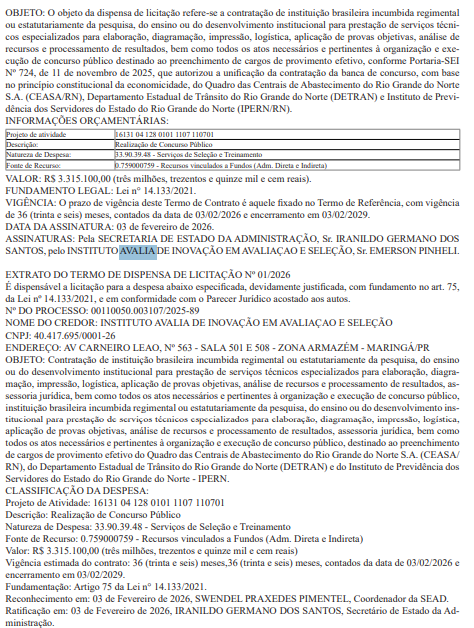 Diário Oficial o extrato de contratação do Instituto Avalia, responsável por todas as etapas operacionais do concurso Detran RN