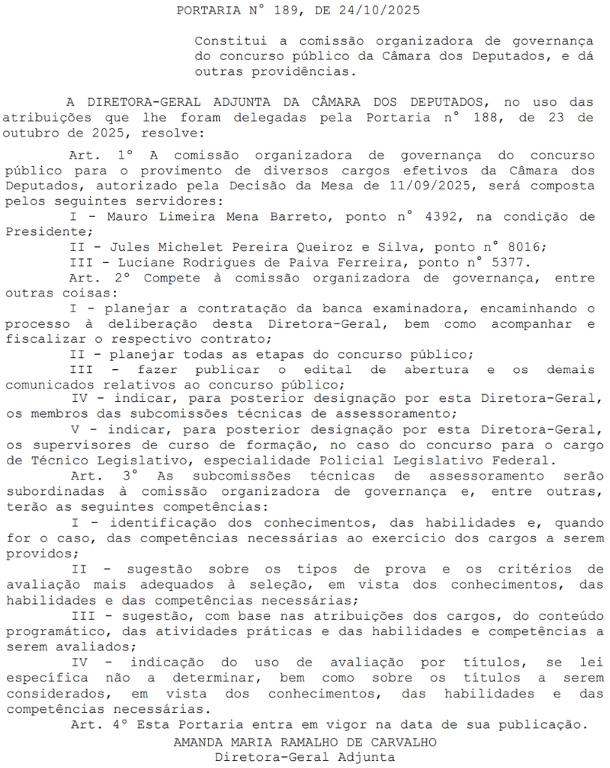 Imagem retirada do DOU confirmando a comissão formada concurso Câmara dos Deputados.