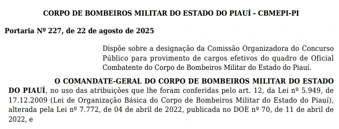 Imagem retirada do Diário Oficial do Estado do Piauí comissão formada Concurso Bombeiros PI.