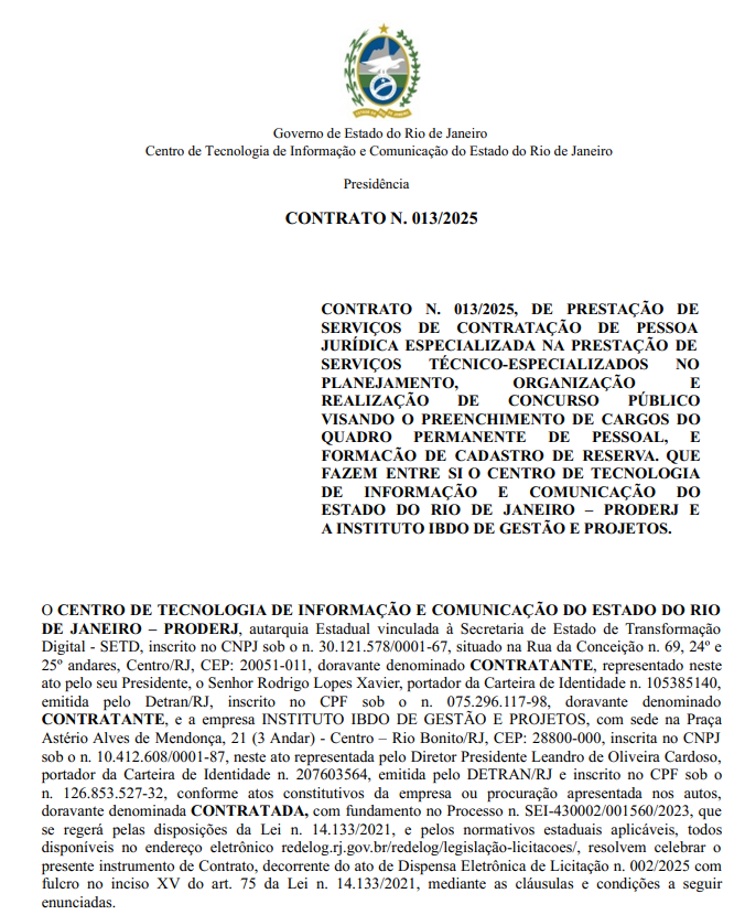 Imagem do contrato com a banca IBDO para organização do concurso Proderj.