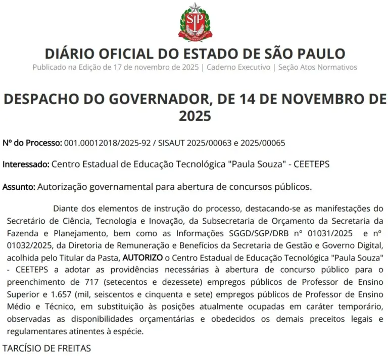 Imagem retirada do Diário Oficial do Estado de São Paulo autorizando o edital do concurso Ceeteps SP.