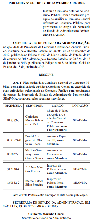 Portaria nº 283, publicada no Diário Oficial do Estado do Maranhão. Concurso Polícia Penal MA