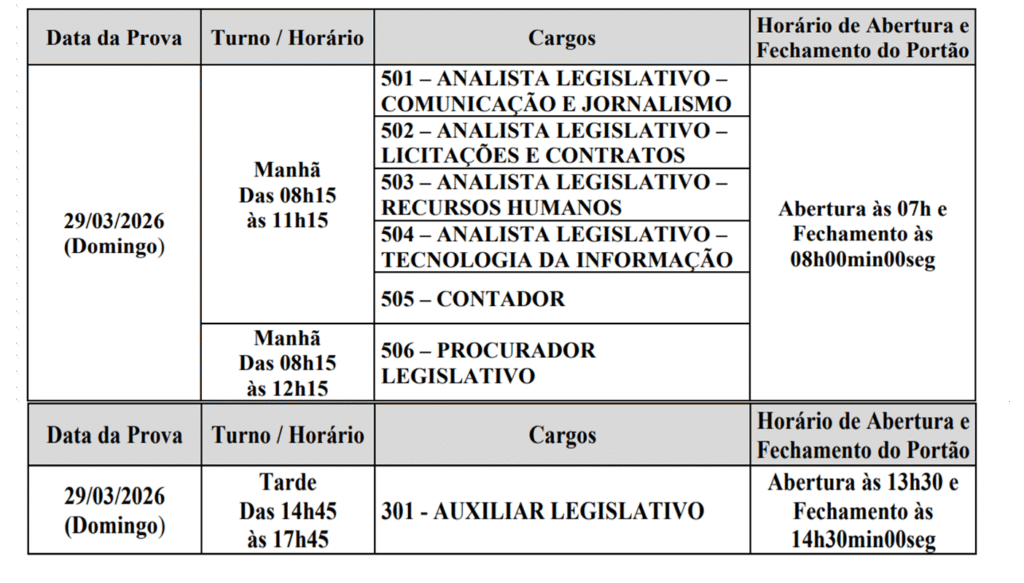 Tabela de horário das provas concurso Câmara de Muriaé