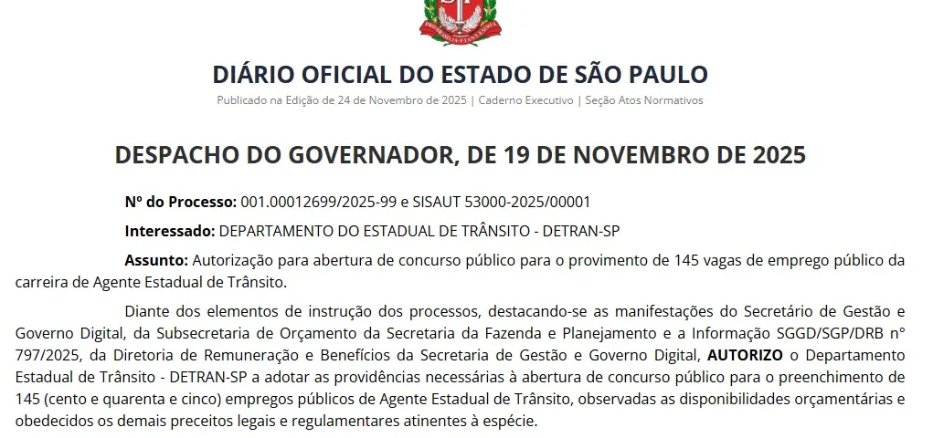 Imagem retirada do Diário Oficial do Estado de São Paulo autorizando novo concurso Detran SP