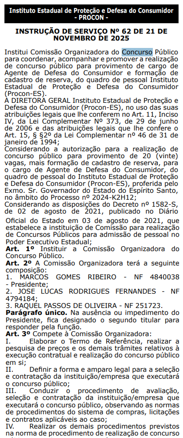 Imagem retirada do diário Oficial do Estado do Espírito Santo. Concurso Procon ES