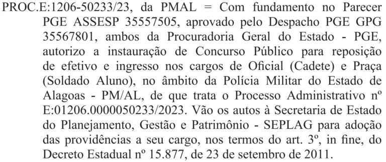 Publicação DOE AL autorizando concurso PM AL.