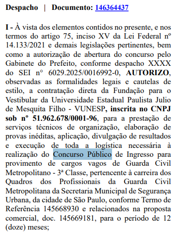 Autorização banca Vunesp como organizadora do concurso Guarda Municipal SP no Diário Oficial do Estado de São Paulo.