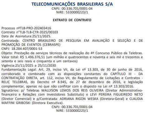Contrato publicado no Diário Oficial da união oficializando o Cebraspe como banca organizadora do concurso Telebras.