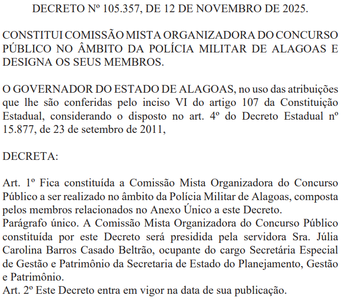 Decreto publicado no DOE de Alagoas formando a Comissão do Concurso PM AL.