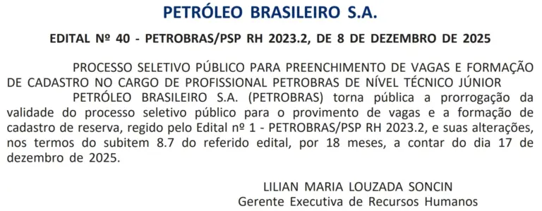 Documento publicado DOU prorrogando a validade do último concurso. Concurso Petrobras 2026.