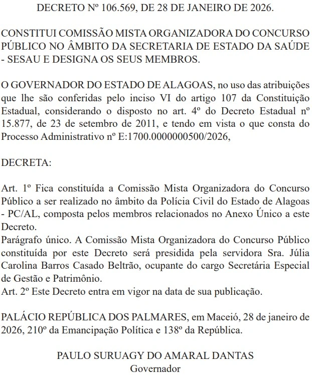 Confira o decreto que oficializa a comissão do concurso PC AL