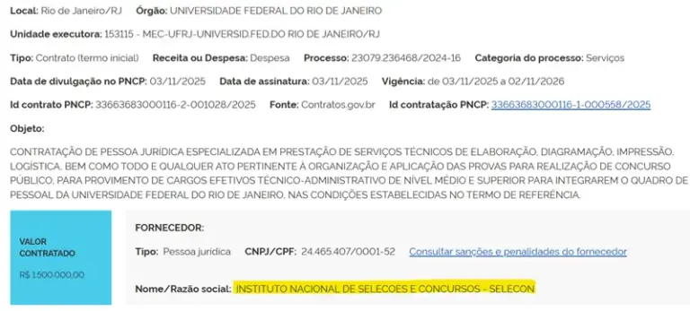 Publicação PNCP termo de referência Instituto Selecon concurso UFRJ.