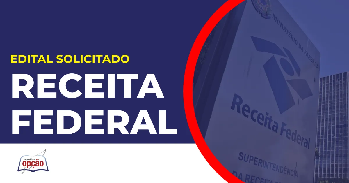 Imagem com fundo azul divulgando o Concurso Receita Federal
