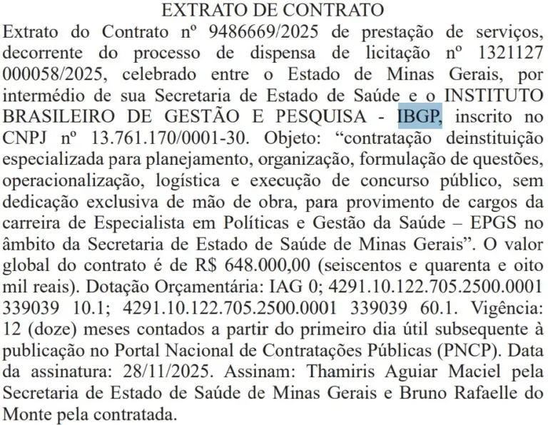 Extrato do contrato com a banca IBGP concurso SES MG
