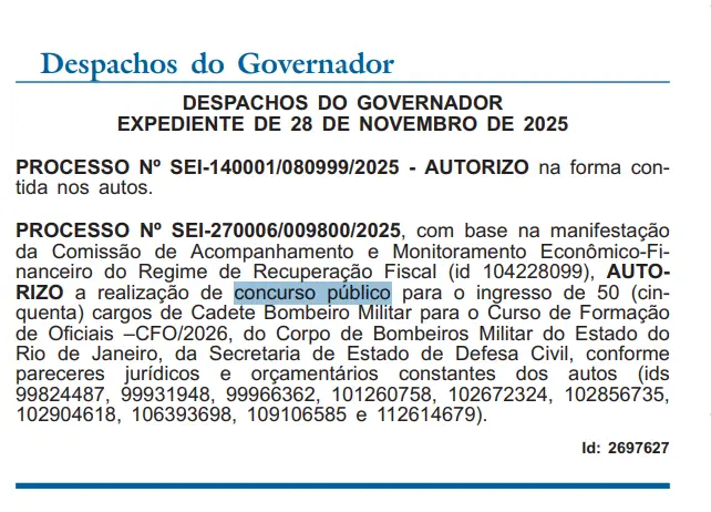 Autorização do edital do concurso CBMERJ.