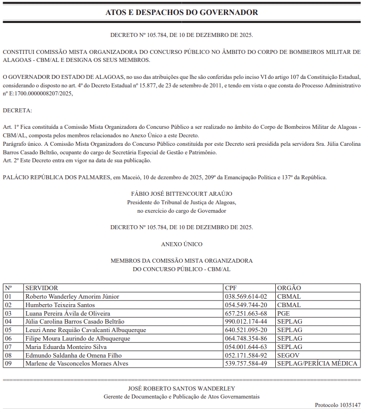 Publicação DOE AL Comissão Organizadora do Concurso Bombeiros AL.
