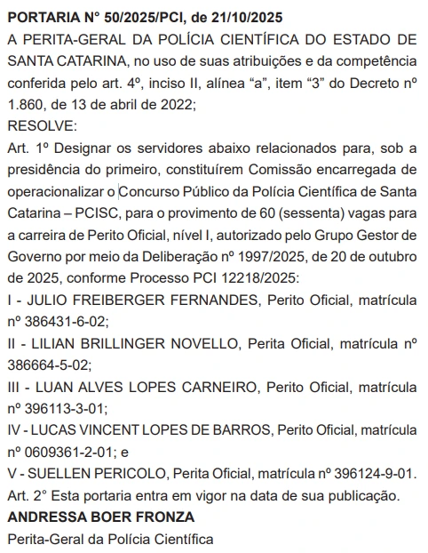 Publicação DOE SC Comissão formada concurso Polícia Cientifica SC