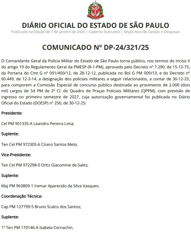 Publicação oficializando a Comissão Organizadora do concurso PM SP Soldado