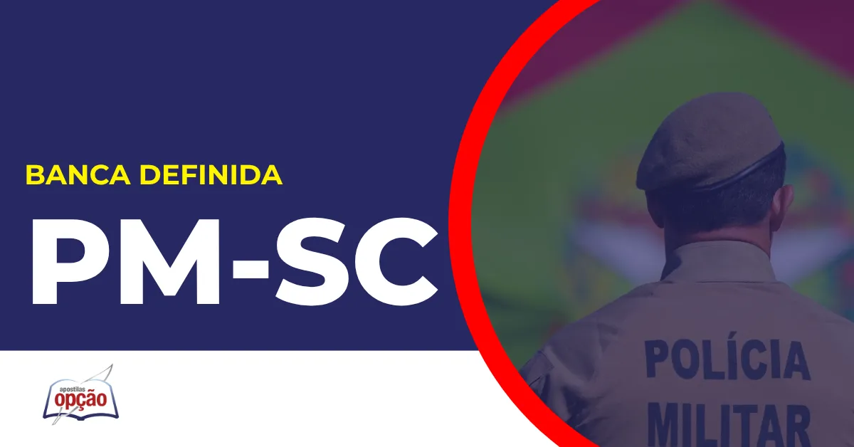 Imagem com fundo azul divulgando o Concurso PM SC 2026