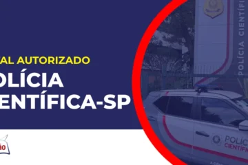 Imagem com fundo azul divulgando o Concurso Polícia Científica SP