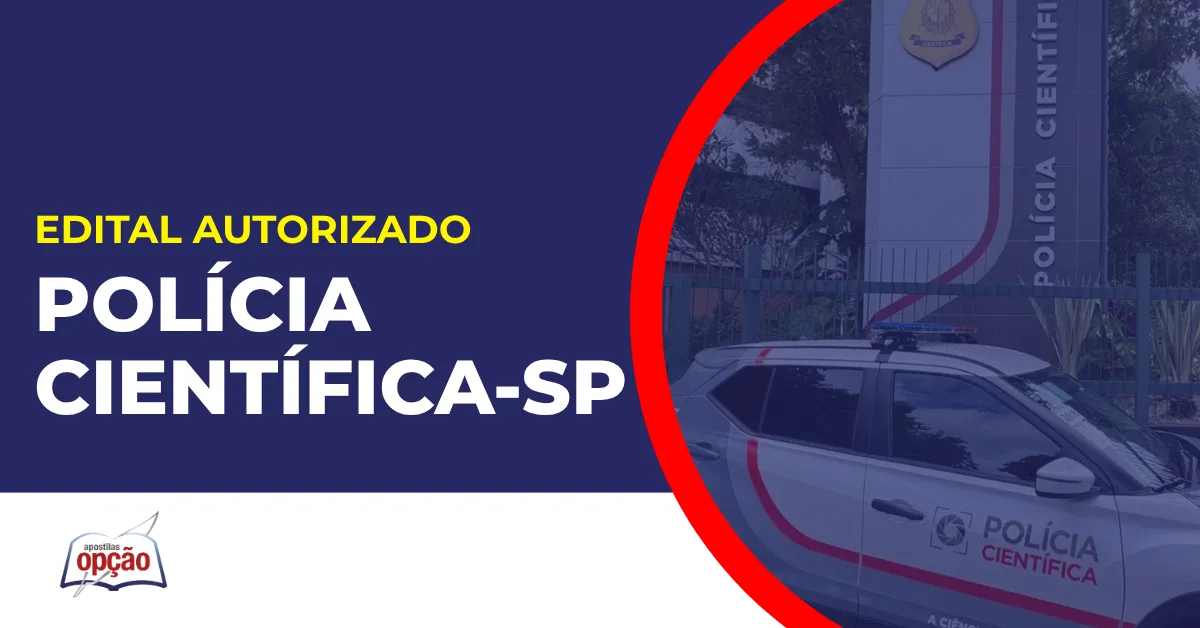 Imagem com fundo azul divulgando o Concurso Polícia Científica SP