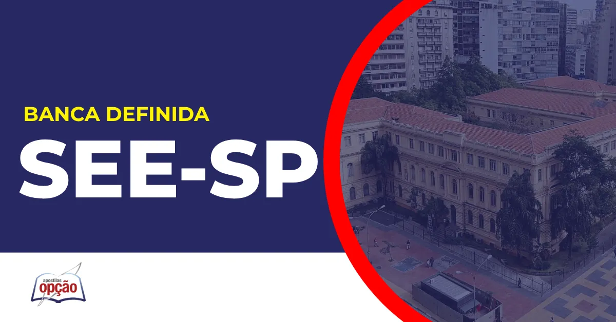 Imagem com fundo azul divulgando o Concurso SEE SP 2026