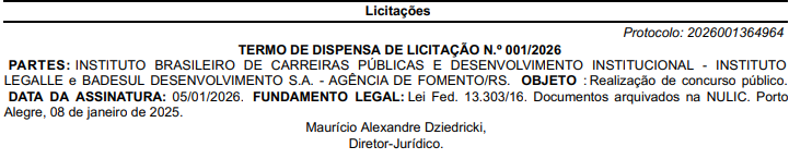 Termo de Dispensa de Licitação contrato banca organizadora do concurso Badesul