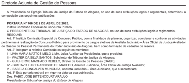 Publicação DOE AL formação da Comissão concurso TJ AL
