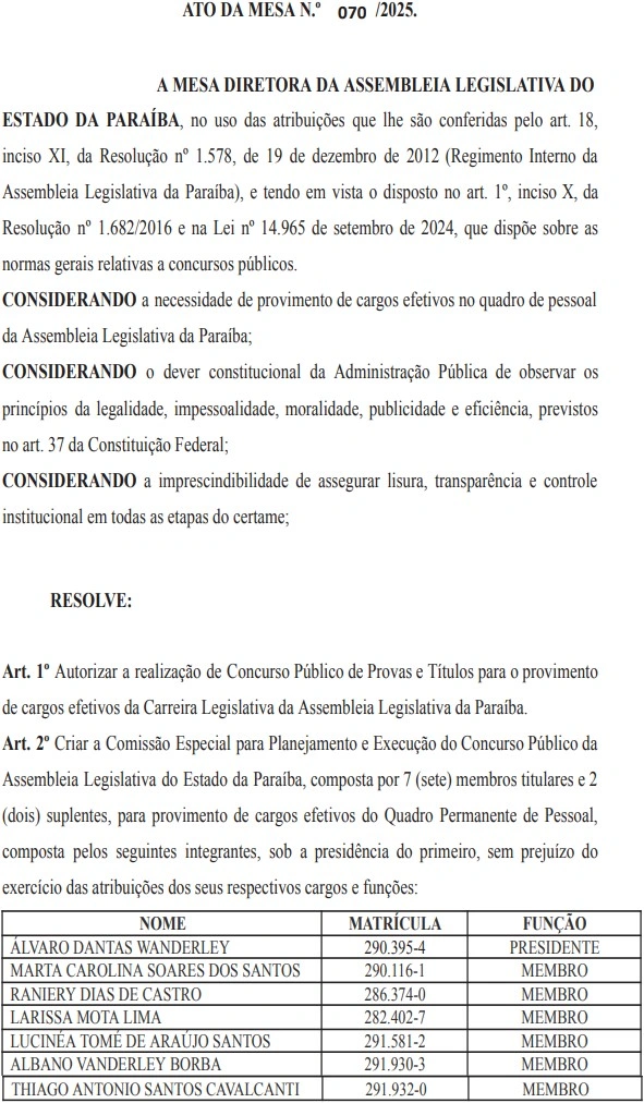 Publicação DOE PB comissão formada concurso AL PB 2026