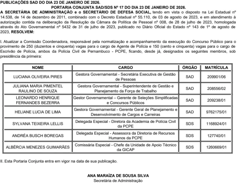 Documento no DOE PE. Concurso PC PE.