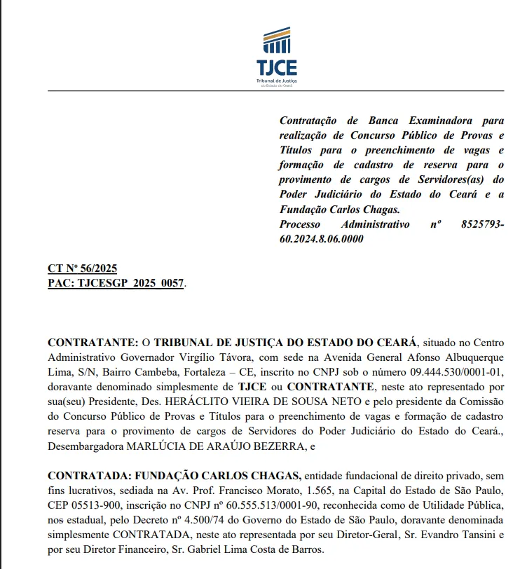 contrato firmado entre o Tribunal de Justiça do Estado do Ceará e a Fundação Carlos Chagas